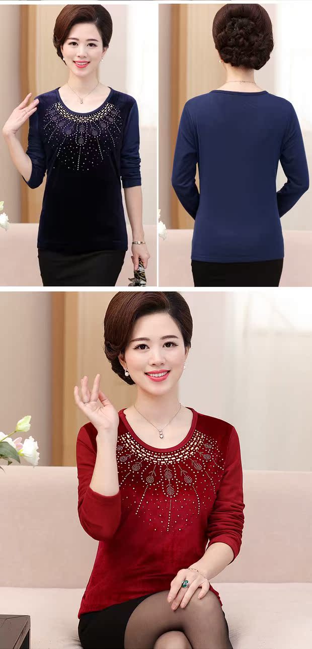 Thời trang trung niên của phụ nữ thời trang dài tay áo thun nhung vàng cộng với quần áo nhung ấm áp mẹ tải áo dày cỡ lớn áo kiểu nữ trung niên