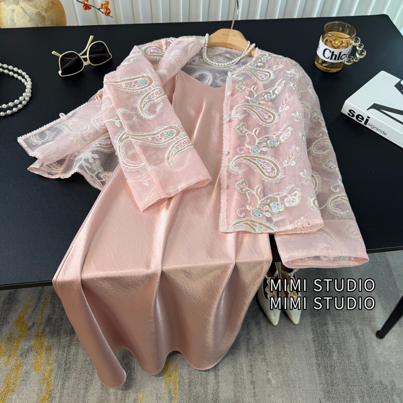 Organza Paisley Sun-Protective Cardigan Thin Jacket for Women 2026 Summer Satin New Chinese Style Suspender Dress Set