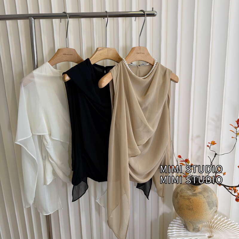 French-Style Chiffon Blouse for Women, Summer 2026, Pure and Alluring Style, Waist-Cinching, Slimming, Mesh, Elegant, Sleeveless Top