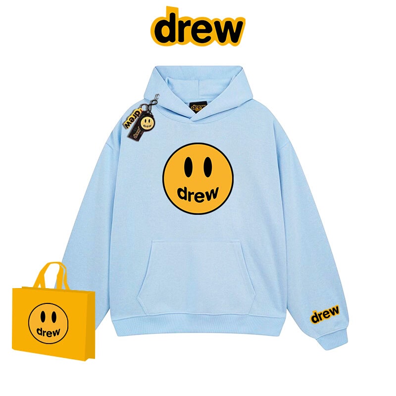 Sky Blue Drew American-Style Trendy Brand Smiley Face Print Hooded Sweatshirt for Men and Women, Loose Fit, Fleece-Lined, Street Style, Autumn and Winter