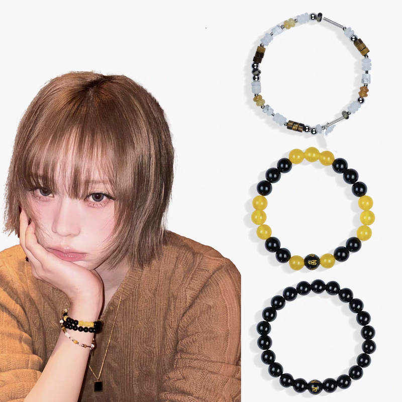 Kim Min-Kyung's Same Style Bracelet, Kim Min-Kyung's Aespa Winter Obsidian Natural Stone Agate Color-Blocked Bracelet, Kim Min-Kyung's Winter