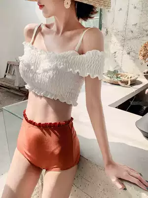 ins Wind one-shoulder two-piece sexy bikini steel support small chest gathered high waist to cover the belly thin hot spring swimsuit women