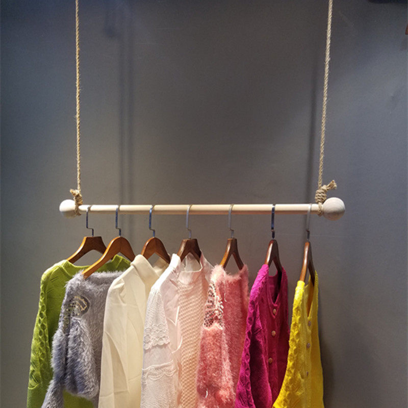 Clothing Store Rings Hanging rack Hemp Rope Wooden Stick Upper Wall Rings Hanger Shop Furnishing Hanging Clothes Clothing Rack