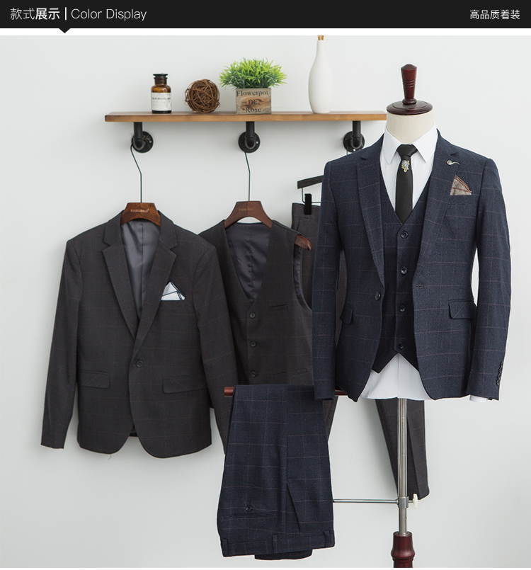 Bộ đồ vest mùa thu đông phiên bản Hàn Quốc của ba người đàn ông lịch lãm kinh doanh bộ đồ mỏng kẻ sọc váy cưới đồ vest