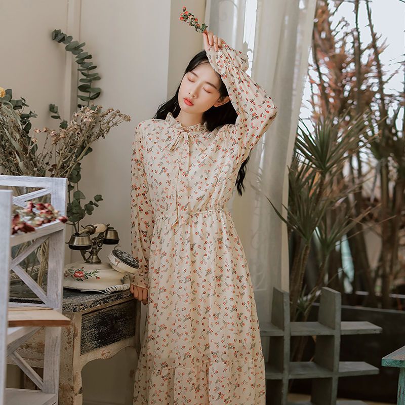 2026 Spring and Autumn New Floral Dress with Inner Layer, Chiffon Elegant Long Dress with Long Sleeves, French Style Trend