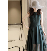 RAGR slim and slim retro dark green loose high-density gauze sleeveless dress with picture belt