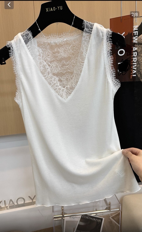 V-Neck Lace White Camisole for Women in Tencel! White Sleeveless Top with Lace Trim on the Back