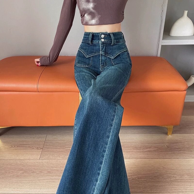 Nostalgic Blue Stretch Wide-Leg Jeans for Women, Thin Spring/Summer 2026 New Style, Double-Button High-Waisted Straight-Leg Hip-Covering Long Pants