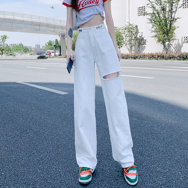 White Wide-Leg Ripped Jeans for Women, Thin Style for Spring and Summer 2026, New High-Waisted Straight Loose Slimming Floor-Length Pants