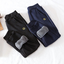 Boy girl Garnapped sports pants a thin suede autumn winter warm CUHK Thickened Imitation Denim long pants external to wear