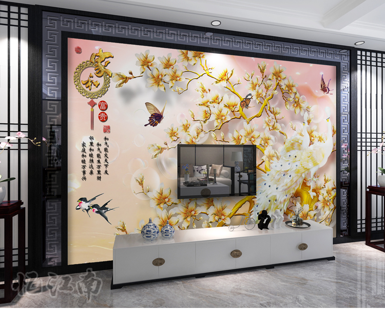 tivi sony bravia Phòng khách phong cách Trung Quốc TV nền tường tranh trang trí hoa mẫu đơn phong phú 3D stereo tường sticker tự dính bức tranh tường - TV giá tivi samsung 65 inch