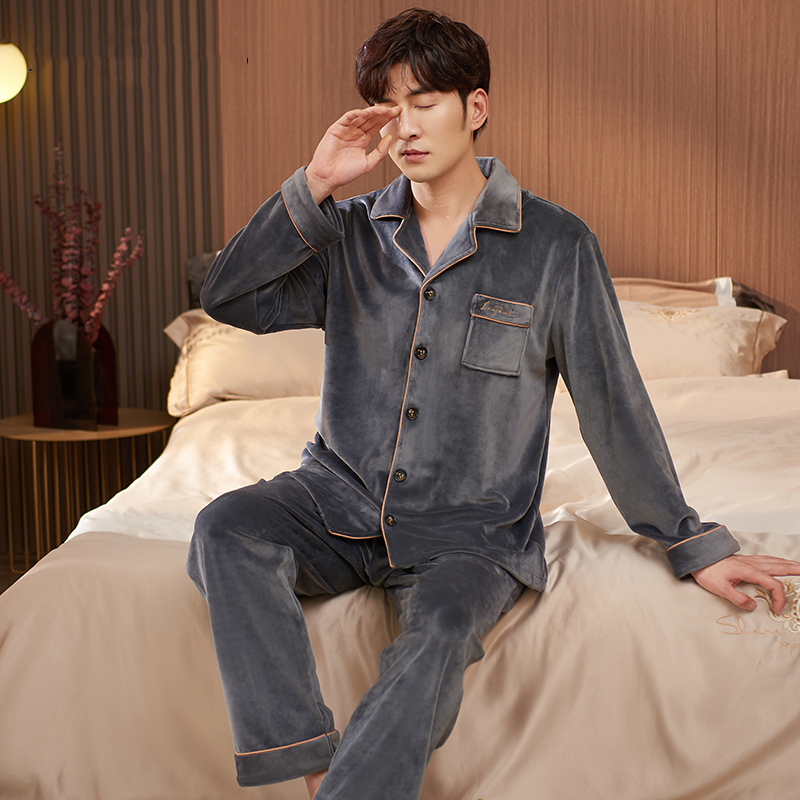 Coral Suede Pajamas Male Winter Thickened Garnter Warm Family Clothes Loose large size for outside wearing island suede Two sets