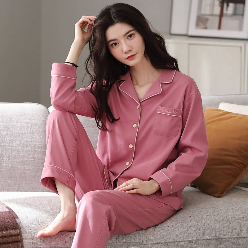 Cotton pajamas women's autumn and winter models 2021 new skin-friendly cotton long-sleeved simple can be worn cardigan home service suit