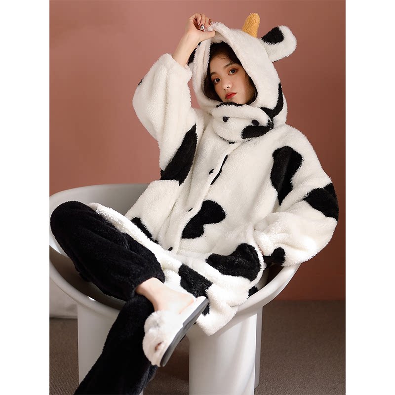 Coral fleece pajamas women's winter thickened plus velvet cute cow furry home clothes to keep warm and can be worn outside two-piece