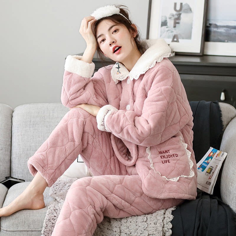 Coral fleece pajamas women's winter plus velvet thickened three-layer padded jacket sweet and can be worn outside warm home clothing two-piece set