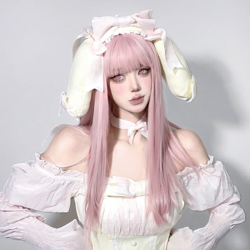 Wig for Women, Full Head Cover, Light Pink, Natural Realistic Air Bangs, Long Straight Hair, Fashionable, Versatile, Cos, Face-Slimming, Age-Reducing