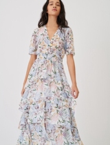 MAJE Floral Print V-Collar Ruffle Flush Long Skirt Dress 21 Spring Summer Women MFPRO01883