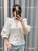 SANDRO sweet flower V collar lace embroidery bubble sleeve top 21 Spring Summer female SFPTO00451