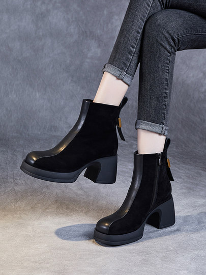 真皮厚底时装靴2025秋季新款粗高跟7cm羊猄皮切尔西加绒女短靴子