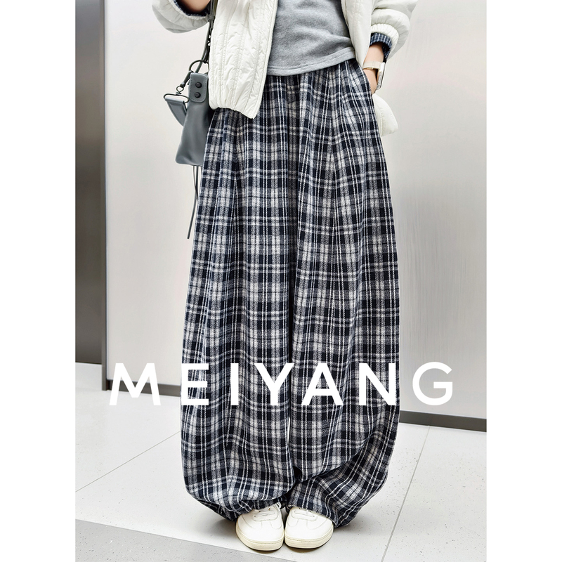Meiyang Croissant Plaid Pants Color-Block Drawstring Casual Straight Leg Bloomer Jogger Pants【Large 60】 Meiyang Croissant Plaid Pants Color-Block Drawstring Casual Straight Leg Bloomer Jogger Pants【Large 60】