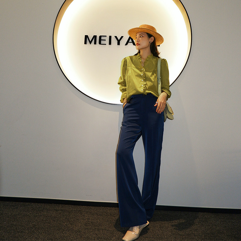 MEIYANG deep elite school imitation acetic acid NAVY blue high waist commuter suit straight wide leg trousers