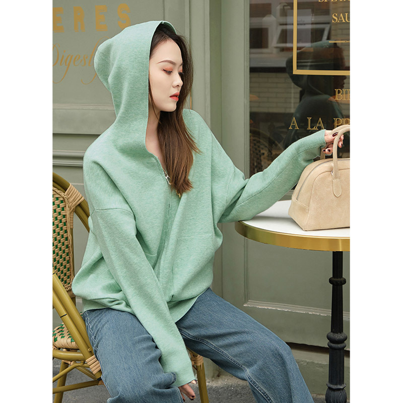 Meiyang Mint Cardigan Lazy and Loose-Fitting Green Hooded Wool Knit Sweater Jacket