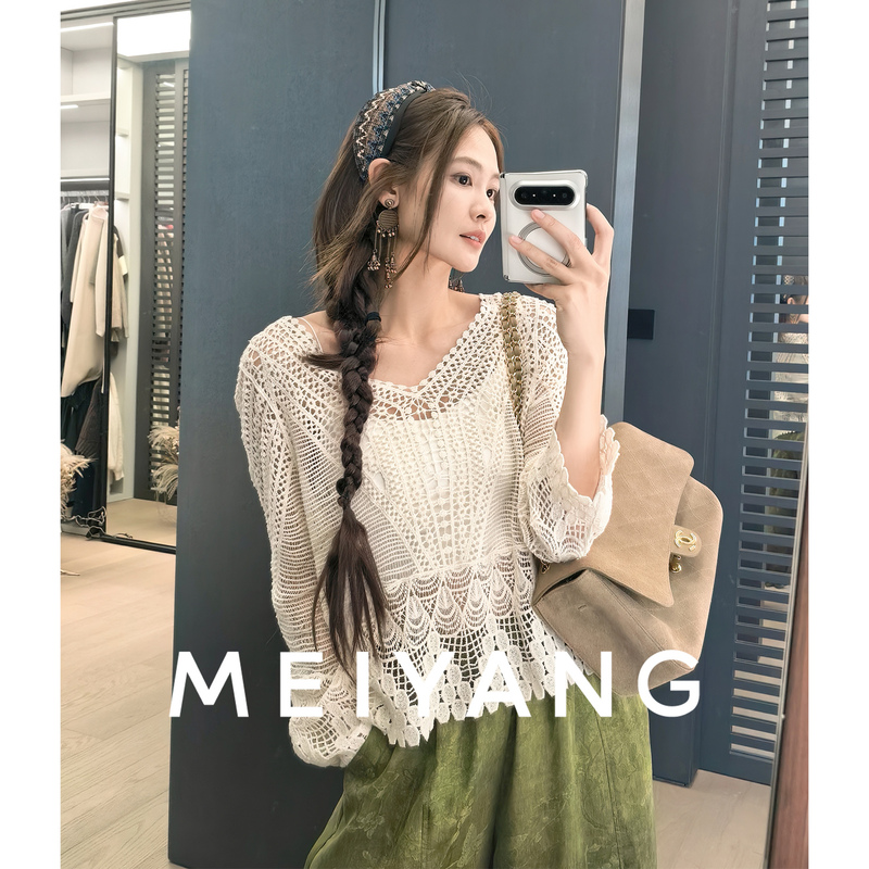 Meiyang Bohemian Lace Blouse Bohemian-Style Regular Shoulder V-Neck Hollow Long Sleeve Cover-Up-A0395 Thursday