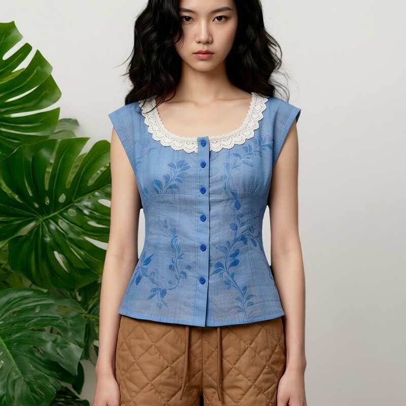 Blue Lace-Trimmed Shirt for Women, Summer Commuter Style, Versatile and Stylish Top, Super Pretty and Fashionable 2026 Blue Lace-Trimmed Shirt for Women, Summer Commuter Style, Versatile and Stylish Top, Super Pretty and Fashionable 2026