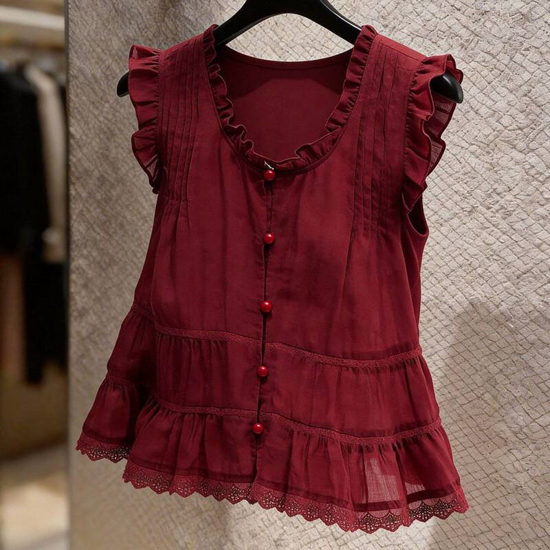 New Stylish High-End Sweet Lace Patchwork Ruffled Short-Sleeve Top for Women, Red Slimming Versatile Shirt
