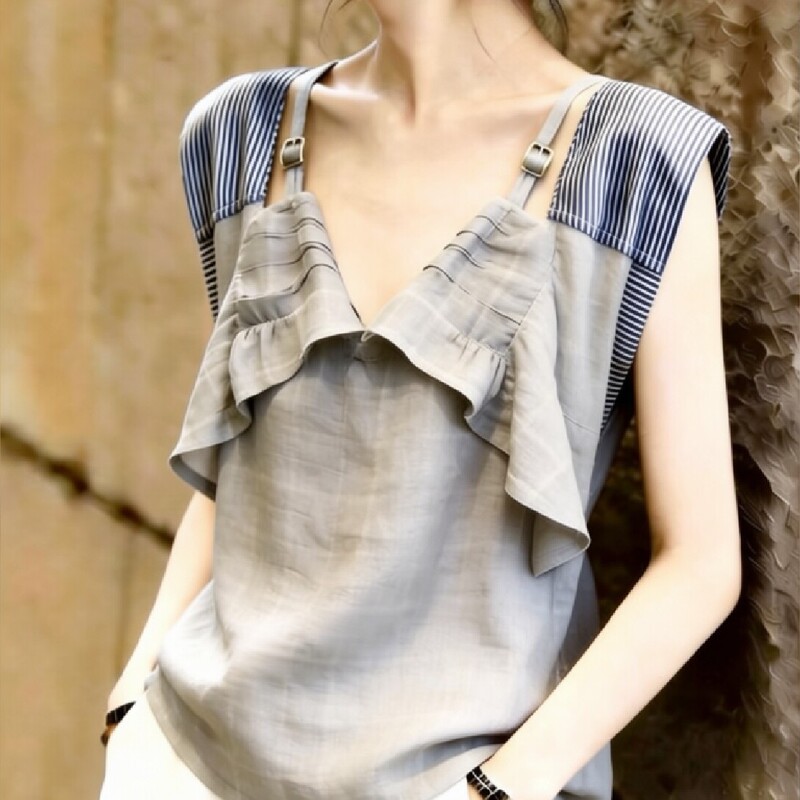 2026 Summer New Niche Ruffled Top, Stylish Gray Slimming Versatile High-End Elegant Fashion Blouse 2026 Summer New Niche Ruffled Top, Stylish Gray Slimming Versatile High-End Elegant Fashion Blouse