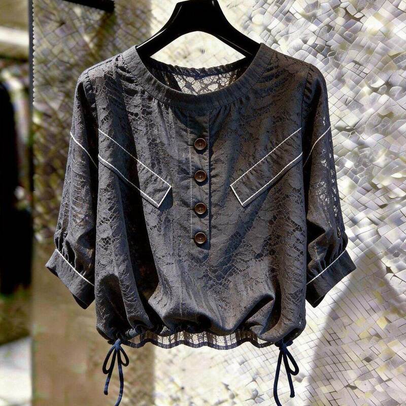 2026 Summer New Style French Design Dark Gray Lace Top with Button Decoration and Drawstring, Slimming and Elegant Shirt 2026 Summer New Style French Design Dark Gray Lace Top with Button Decoration and Drawstring, Slimming and Elegant Shirt