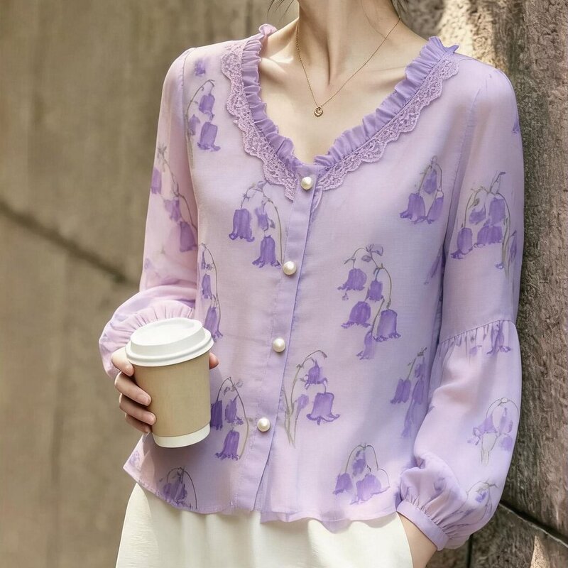 2026 New Simple Style Purple Printed Shirt for Women with Lace Trim, Button-Down Long Sleeves, Commuter Style, High-End Feel Top 2026 New Simple Style Purple Printed Shirt for Women with Lace Trim, Button-Down Long Sleeves, Commuter Style, High-End Feel Top