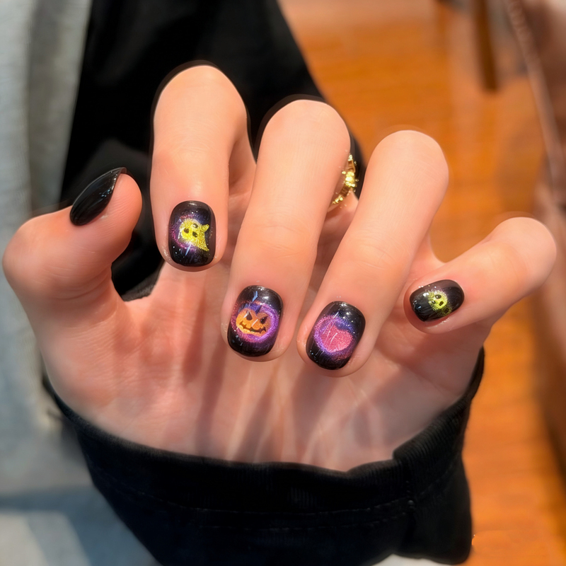 Handmade Ghost Pumpkin Nail Art Halloween Vibe Dark Glitter Cat Eye Sweet Cool Spicy Girl Brightening Short Nails