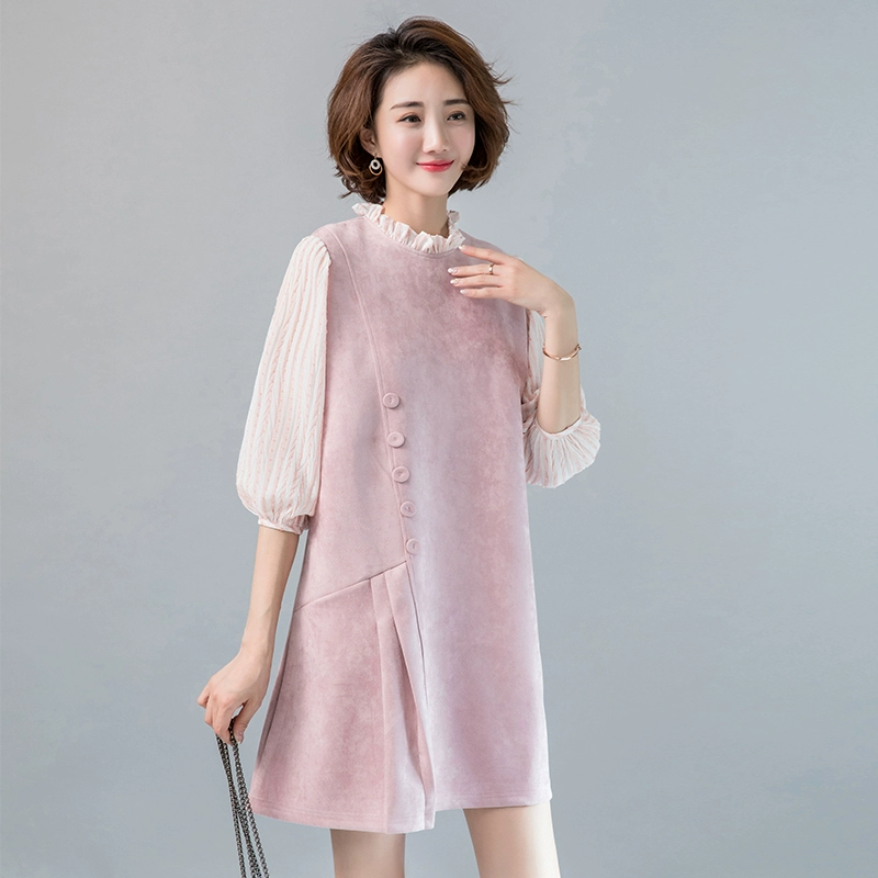 Gỗ trơn 7 điểm tay áo da lộn màu hồng nữ cổ nấm giả váy hai mảnh rời mùa xuân và mùa thu 2021 mới - A-Line Váy