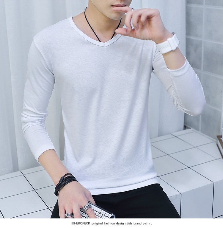 Đầu mùa thu cổ gà hình trái tim dài tay áo thun cổ chữ V nam cotton bên trong ra ngoài mặc áo sơ mi nam đế bệt mỏng bó sát phong cách Hàn Quốc áo thun có cổ
