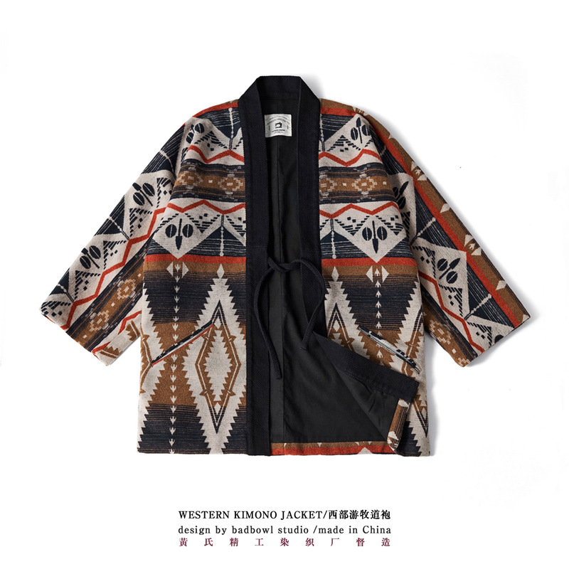 Huang's Textile Winter New Indian Pattern Western Nomadic Robe Cotton Wool Blend Vintage Kimono Jacket
