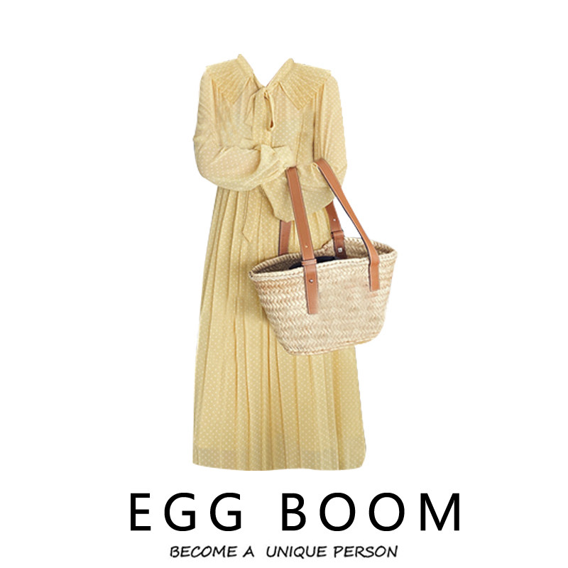 Spring Fa Style Retro Wave Dot BREAKING FLOWERS FOREIGN DRESS WOMAN MEDIUM LONG VERSION SMALL GUY LAP 100 PLEATS BOTTOM SKIRT 2022 POP UP