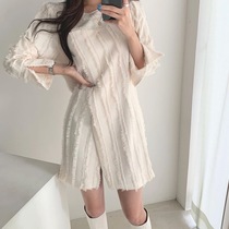Korean chic niche elegant round neck loose heavy industry tassel side design sense medium long sleeve split dress female