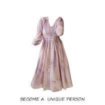 2022 spring and summer new ink printing method tea hysteria with dress autumn new temperament collection waist v collar long dress