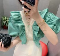 South Korea 2021 winter and autumn new design sense niche Lotus bubble sleeve shirt short sleeve plaid ladies shirt