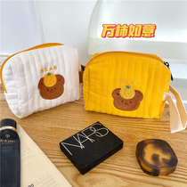 Korea ins simple embroidery toast bear cute portable large capacity cosmetic bag storage bag Wash bag portable