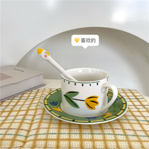 Korea ins retro hand painted Tulip green hipster afternoon tea set ceramic coffee cup saucer breakfast cup