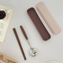 Caramel color chicken wing wood retro high-end cylindrical wooden handle chopsticks spoon portable tableware set when going out