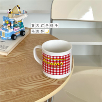 ins Retro red plaid English Coffee cup Mug Large capacity Ceramic water cup Milk cup Breakfast cup