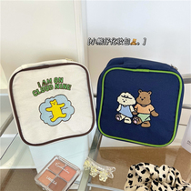 Korea ins little bear embroidery cartoon canvas large capacity portable makeup bag storage square wash bag student
