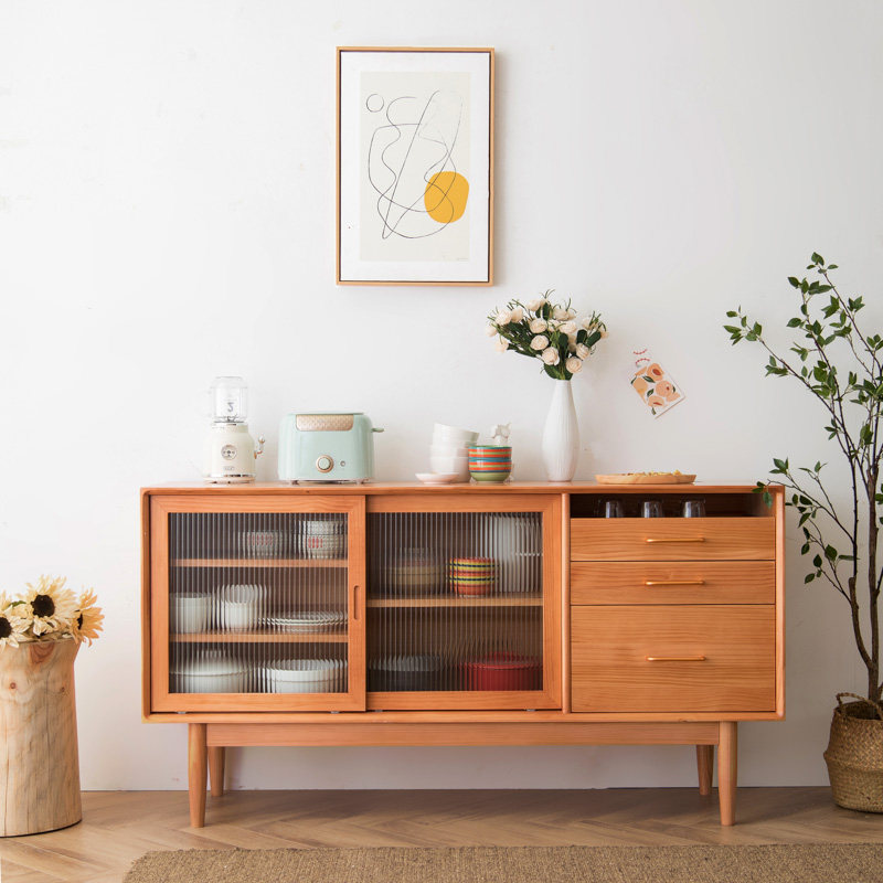 Japanese-style solid wood sideboard shelf integrated against the wall home living room simple Nordic tea cabinet log storage cabinet