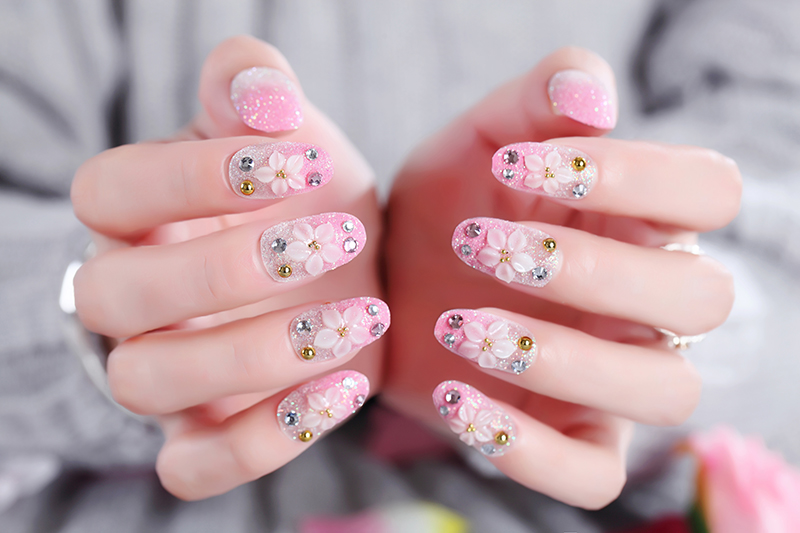 Mang móng tay kết thúc Nail Patch Sparkle Pink Flower Pink Flower Fake Finger Công cụ làm móng 15 - Công cụ Nail giấy lau gel