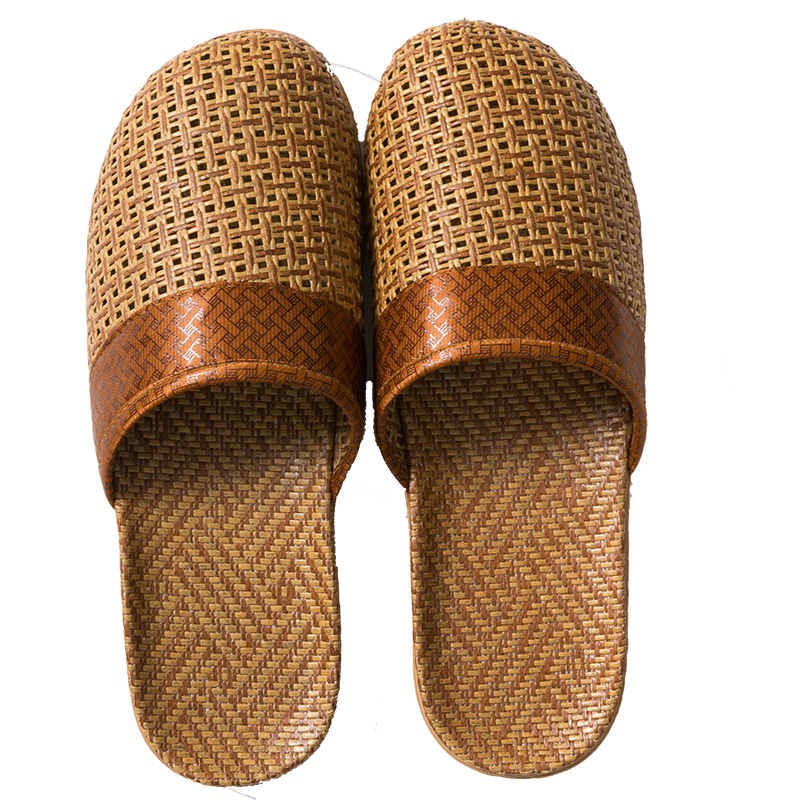 Summer Toe-Toe Covered Rattan Woven Slippers for Women, Suitable for Home Use, Couples Indoor Wooden Floor Soft-Soled Non-Slip Design Sandals