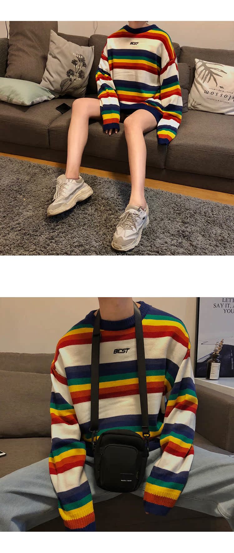 Hồng Kông hương vị CHIC retro áo len sọc cầu vồng xu hướng phiên bản Hàn Quốc của những người yêu thích INS siêu lửa áo len nam đồ đôi đẹp