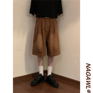 NAGAWL宽松做旧休闲咖色牛仔短裤男潮流港风五分裤美式复古百搭夏